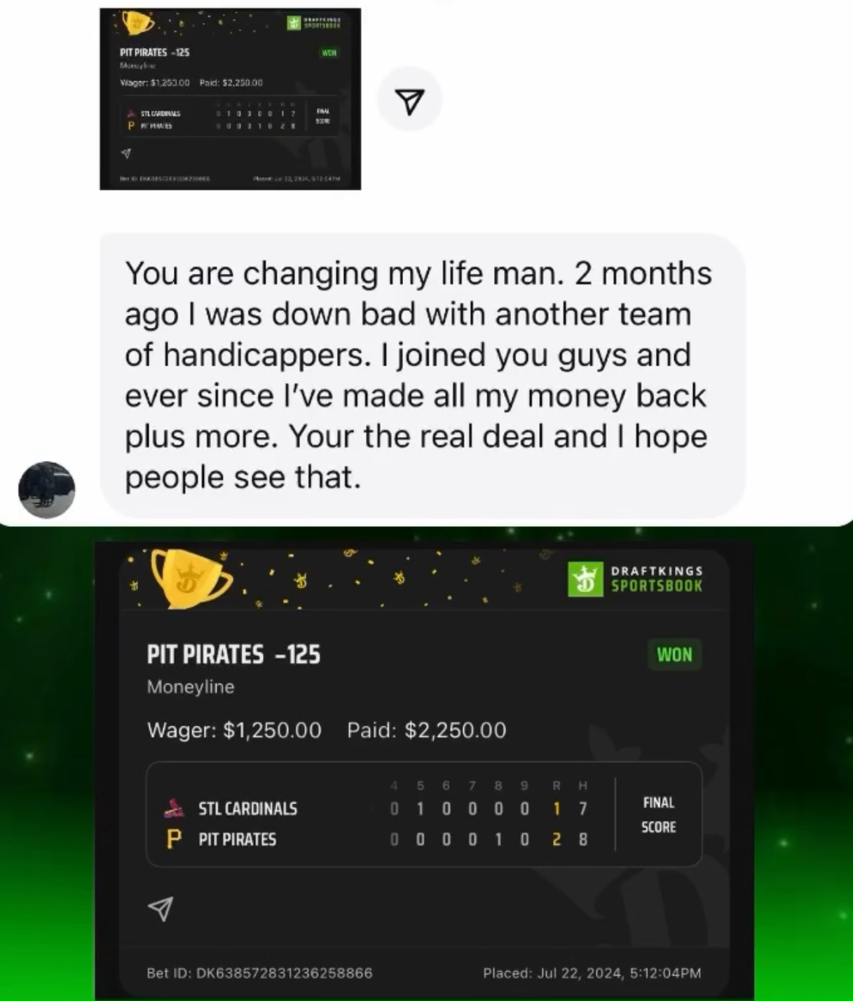 Member message: joined after losing with another team, made it all back plus more