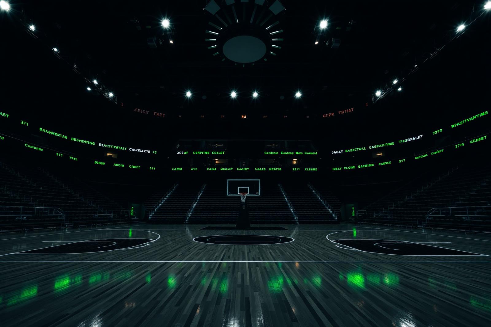 Empty basketball arena with subtle green data displays